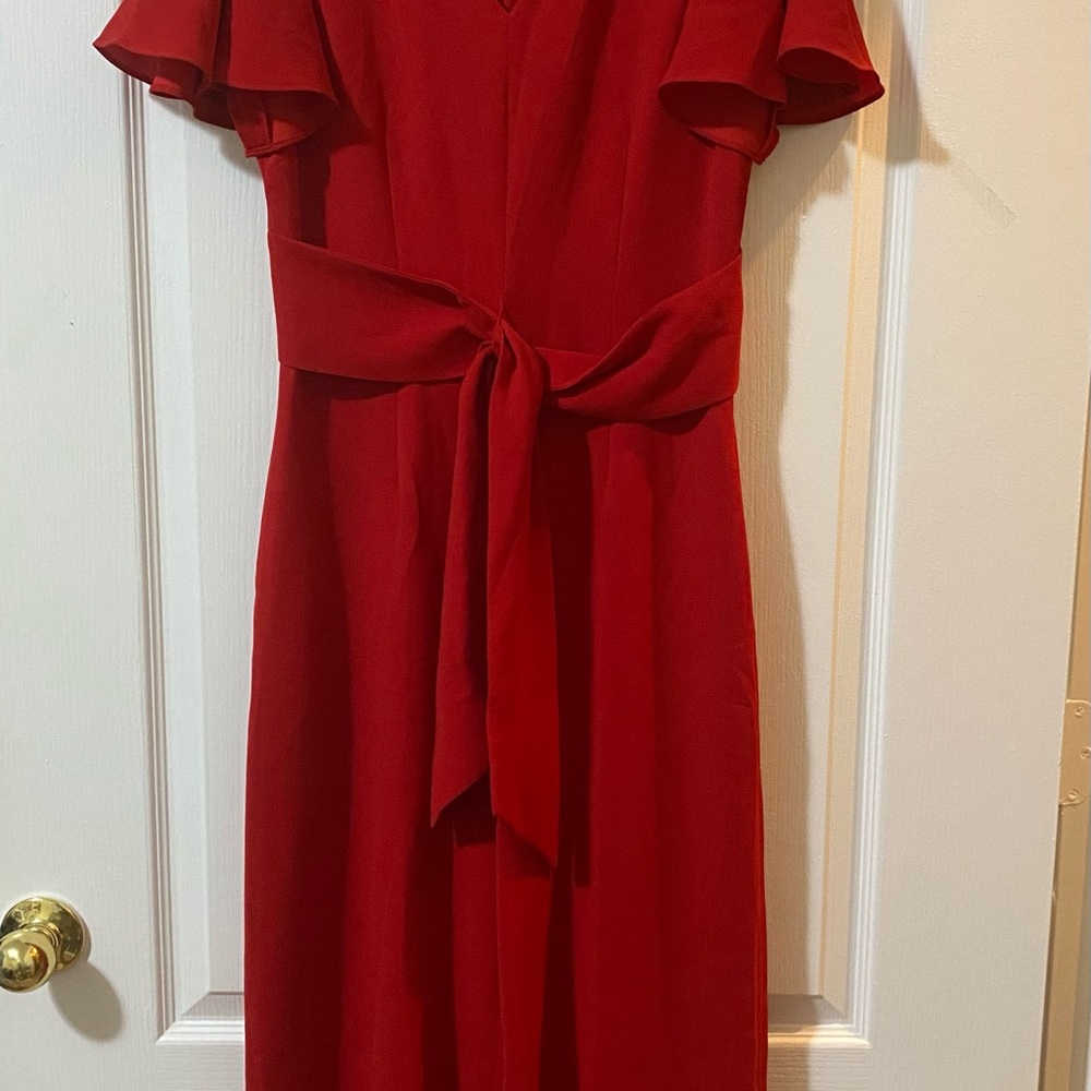 Tahari Red V-Neck Tie-Waist Jumpsuit with Flutter Sleeves